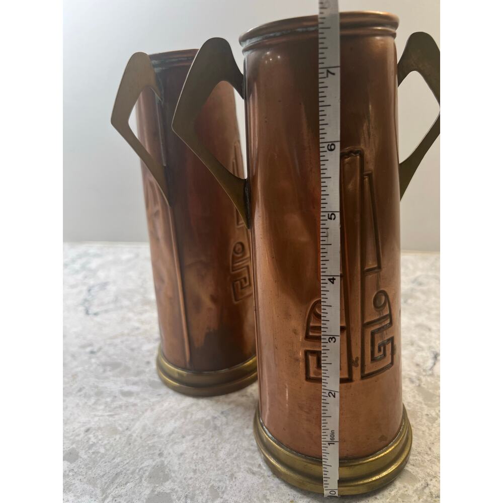2 Gebrüder Bing Nuremberg Vases Circa 1900-10 Brass Copper Geometric JL - Picture 9 of 11